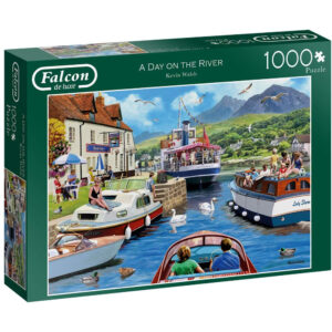 Falcon A Day on the River 11241 Jigsaw Box Pleasure Boats Pub and Mountains Scene by Kevin Walsh