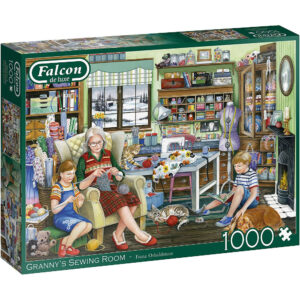 Falcon Grannys Sewing Room 11273 Jigsaw Box Dressmaking and Knitting with Children Scene by Fiona Osbaldstone