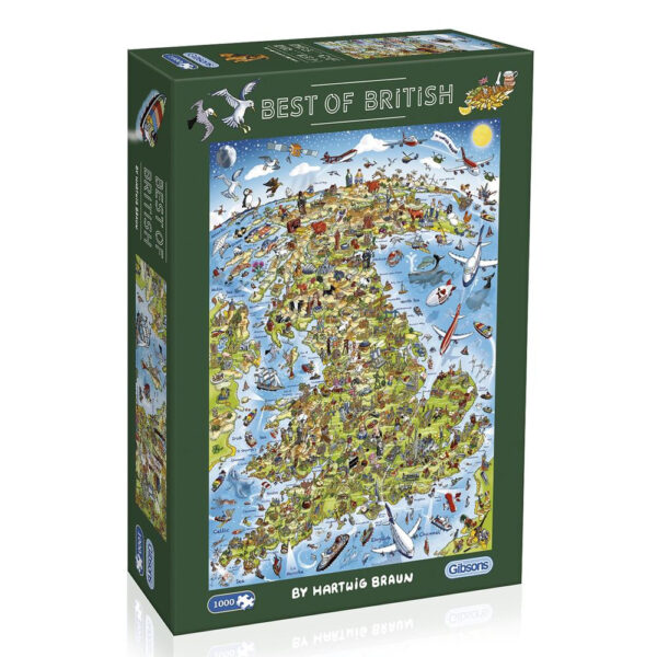 G7096 Gibsons Best of British 1000 Piece Jigsaw Box Cartoon Map of Britain by Hartwig Braun