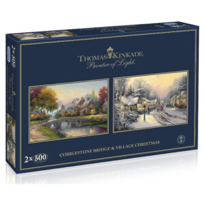 Gibsons Cobblestone Bridge and Village Christmas Thomas Kinkade 2x500 pieces jigsaw box