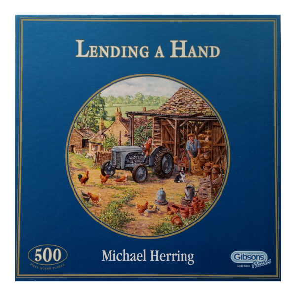 Gibsons Lending A Hand G903 Circular Jigsaw Box Farmyard scene by Michael Herring