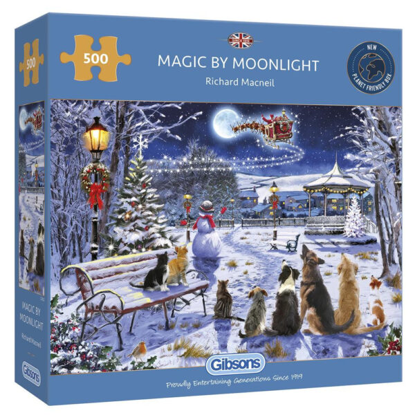 Gibsons Magic By Moonlight G3132 Jigsaw Box Christmas Snow Scene with Dogs and Cats by Richard MacNeil