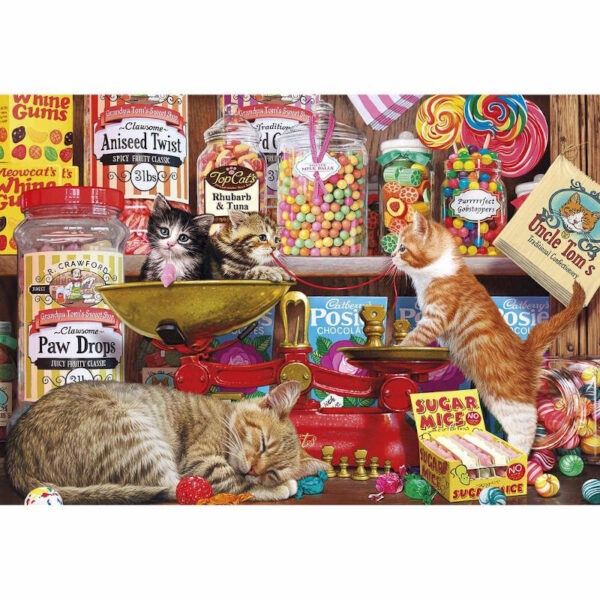 Gibsons Paw Drops Sugar Mice Cats and Sweets scene by Steve Read jigsaw image