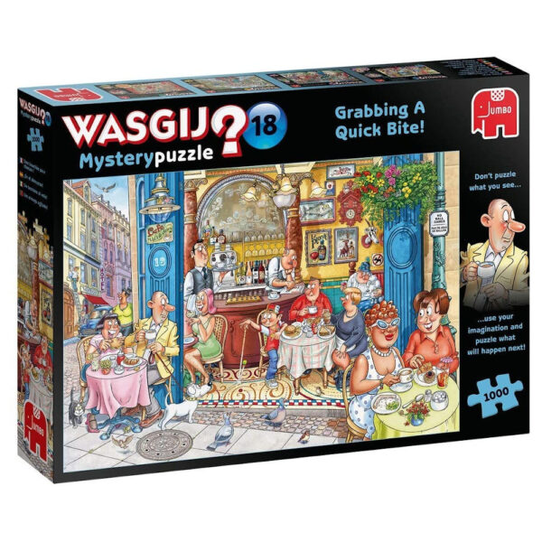 Jumbo Wasgij Mystery 18 Grabbing a Quick Bite Paul Gibbs 19179 1000 pieces jigsaw box