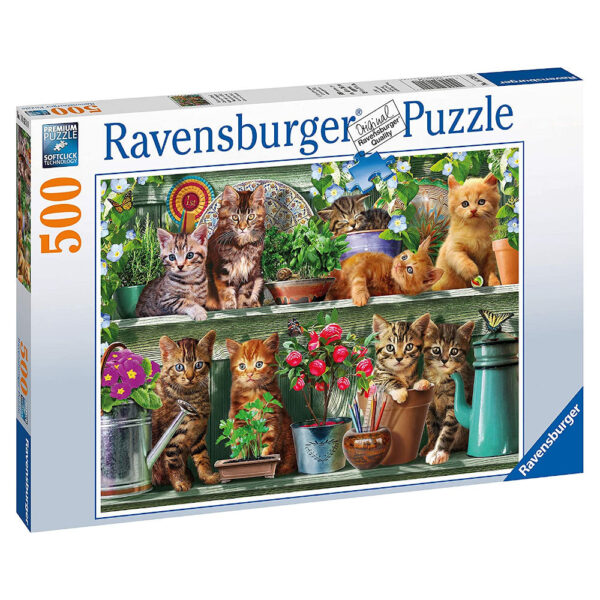 Ravensburger Cats on the Shelf 148240 Jigsaw Box Kittens in Potting Shed with flowers