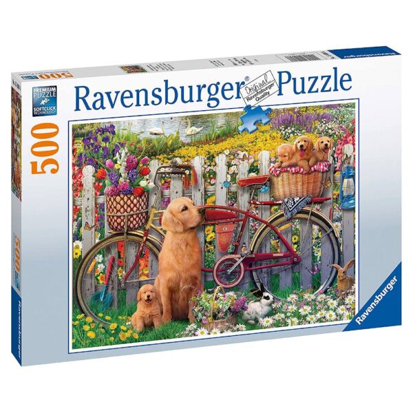 Ravensburger Cute Dogs In The Garden 150366 Jigsaw Box Golden Retriever With Puppies and Bicycle