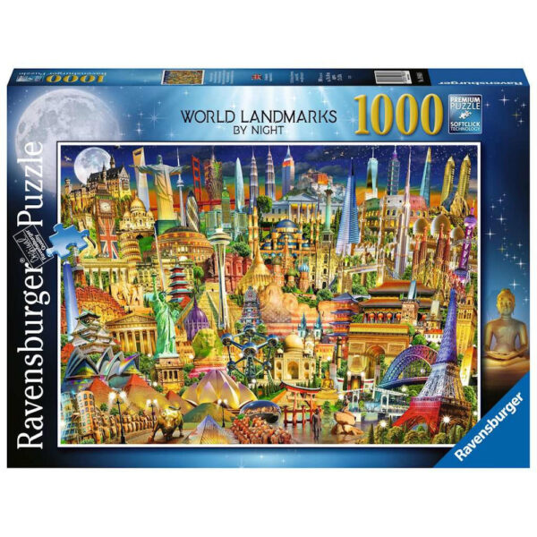 Ravensburger World Landmarks by Night Famous Buildings Montage Adrian Chesterman 198436 1000 pieces jigsaw box