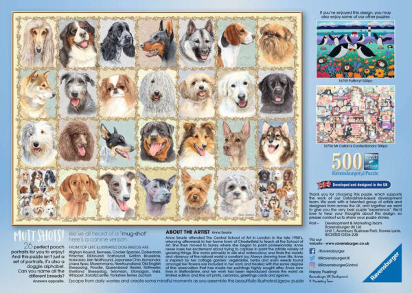 Ravensurger Mutt Shots Dog Portraits by Anne Searle 167586 500 piece jigsaw leaflet