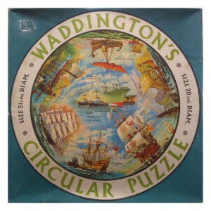 Waddingtons Circular Puzzle Ships Though the Ages Stock No 550 Vari Piece Jigsaw Box including Mayflower and Cutty Sark